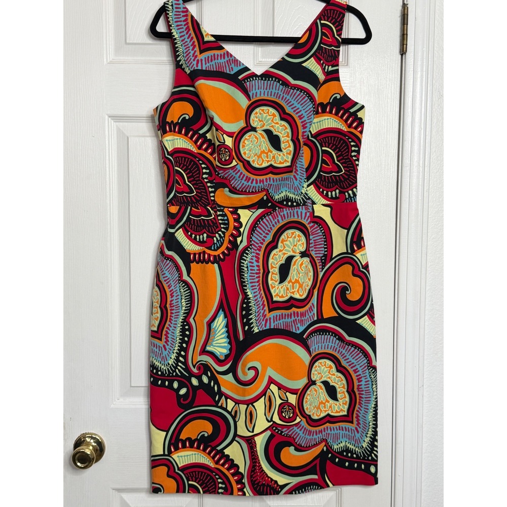 VTG David Meister Y2K Multi Color Psychedelic Paisley V-Neck Sheath Dress Sz 12